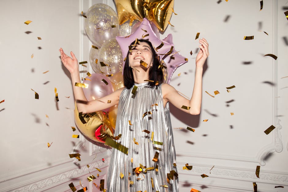 Celebration party with confetti and happy people